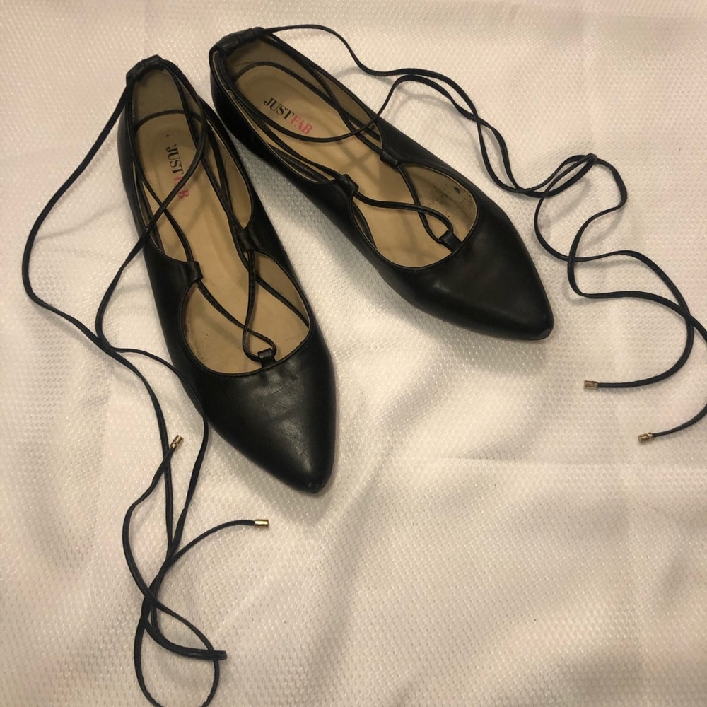 JustFab Carley Lace Up Black Flats